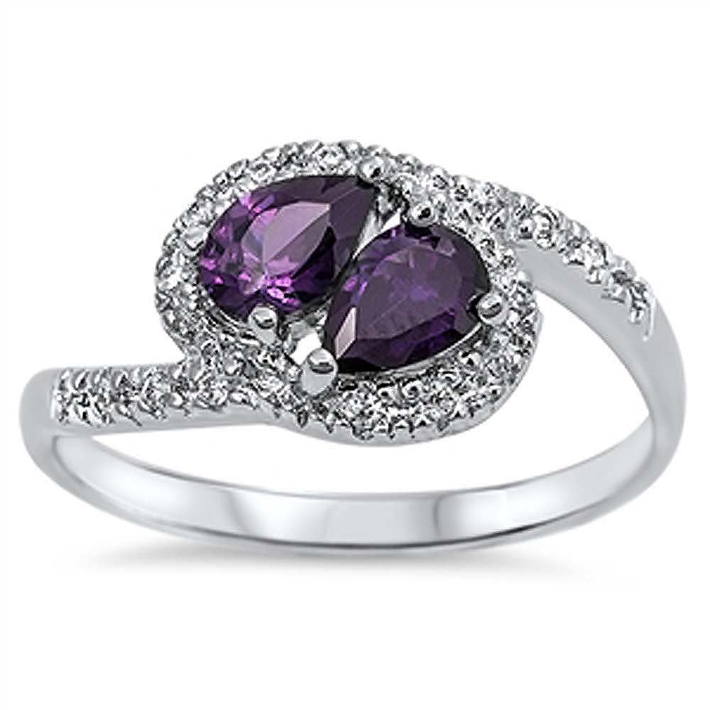Sterling Silver Pears Shaped Amethyst And Clear CZ RingsAnd Face Width 9mm