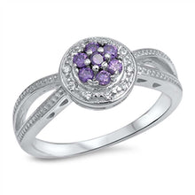 Load image into Gallery viewer, Sterling Silver Elegant Flower Prong Set with Round Cut Amethyst Cz with Halo Setting Inlaid with Clear Czs Open Cut Band RingAnd Face Height of 10MM