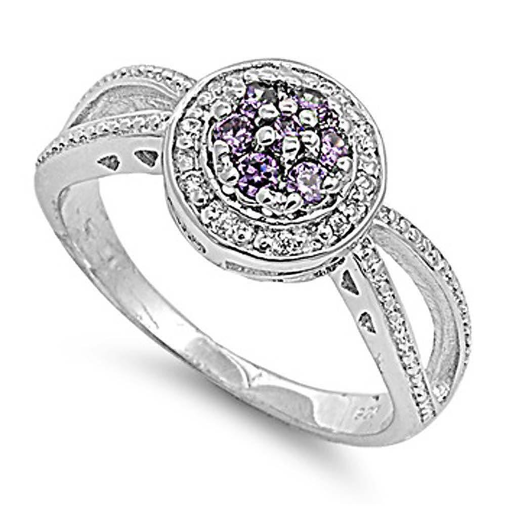 Sterling Silver Round Shaped Lavender And Clear CZ RingsAnd Face Width 10mm