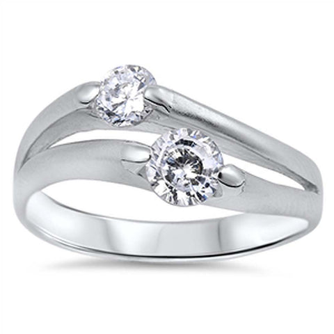Sterling Silver Satin Finish Double Lines Round Shaped Clear CZ RingsAnd Face Width 10mm