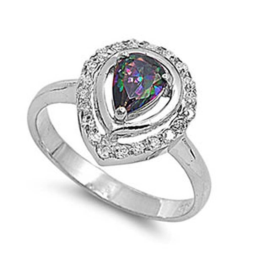 Sterling Silver Solitaire Peincess Cut Rainbow Topaz Simulated Diamond On Prong Setting with Halo DesignAnd Face Height 14MM