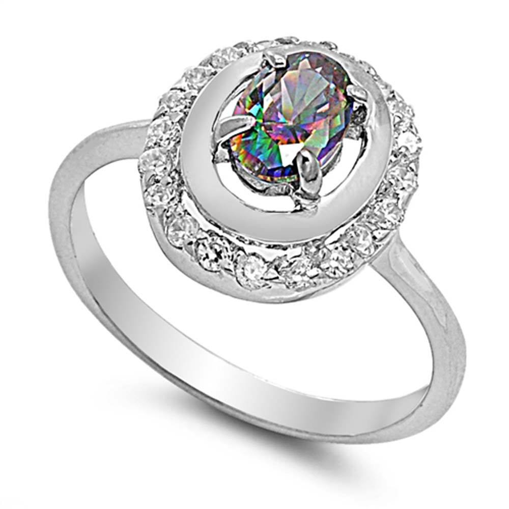 Sterling Silver Solitaire Fancy Halo Design Ring with Ovel Cut Rainbow Topaz Simulated Diamond On Prong SettingAnd Face Height 13MM