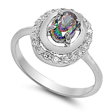 Load image into Gallery viewer, Sterling Silver Solitaire Fancy Halo Design Ring with Ovel Cut Rainbow Topaz Simulated Diamond On Prong SettingAnd Face Height 13MM