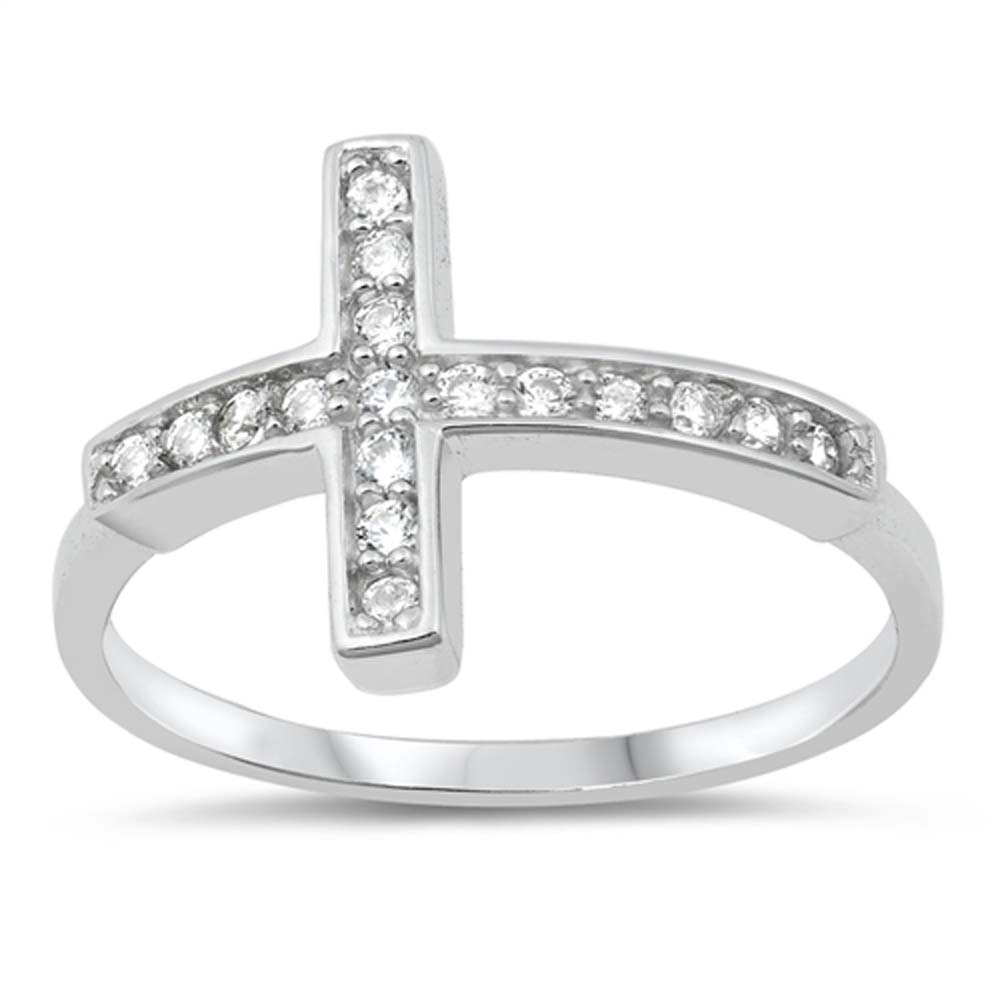 Rhodium Plated Sterling Silver Pave Set Clear CZ Sideways Cross Ring with Ring Face Height of 18MM