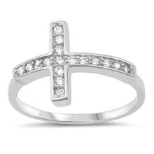 Load image into Gallery viewer, Rhodium Plated Sterling Silver Pave Set Clear CZ Sideways Cross Ring with Ring Face Height of 18MM