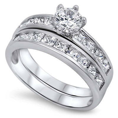 Sterling Silver Clear Round Solitaire Simulated Diamond Bridal Set with Classy Simulated Diamond on Channel Setting Side Views & Rhodium Finish