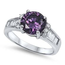 Load image into Gallery viewer, Sterling Silver Classy Centered Solitaire Round Prong Set with Amethyst Cz and Clear Czs Inlaid on Both Side with Baguette on Channel Setting Band RingAnd Face Height of 9MM