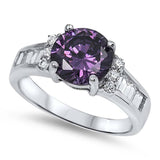 Sterling Silver Classy Centered Solitaire Round Prong Set with Amethyst Cz and Clear Czs Inlaid on Both Side with Baguette on Channel Setting Band RingAnd Face Height of 9MM