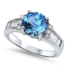 Load image into Gallery viewer, Sterling Silver Classy Centered Solitaire Round Prong Set with Aquamarine Cz and Clear Czs Inlaid on Both Side with Baguette on Channel Setting Band RingAnd Face Height of 9MM