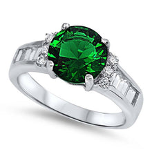 Load image into Gallery viewer, Sterling Silver Classy Centered Solitaire Round Prong Set with Emerald Cz and Clear Czs Inlaid on Both Side with Baguette on Channel Setting Band RingAnd Face Height of 9MM