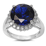 Sterling Silver Blue Sapphire Round Shaped Clear CZ RingAnd Face Height 17mmAnd Band Width 3mm