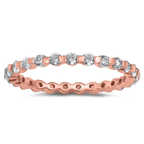 Sterling Silver Rose Gold Plated Round Wedding Band Shaped Clear CZ RingAnd Band Width 2mm