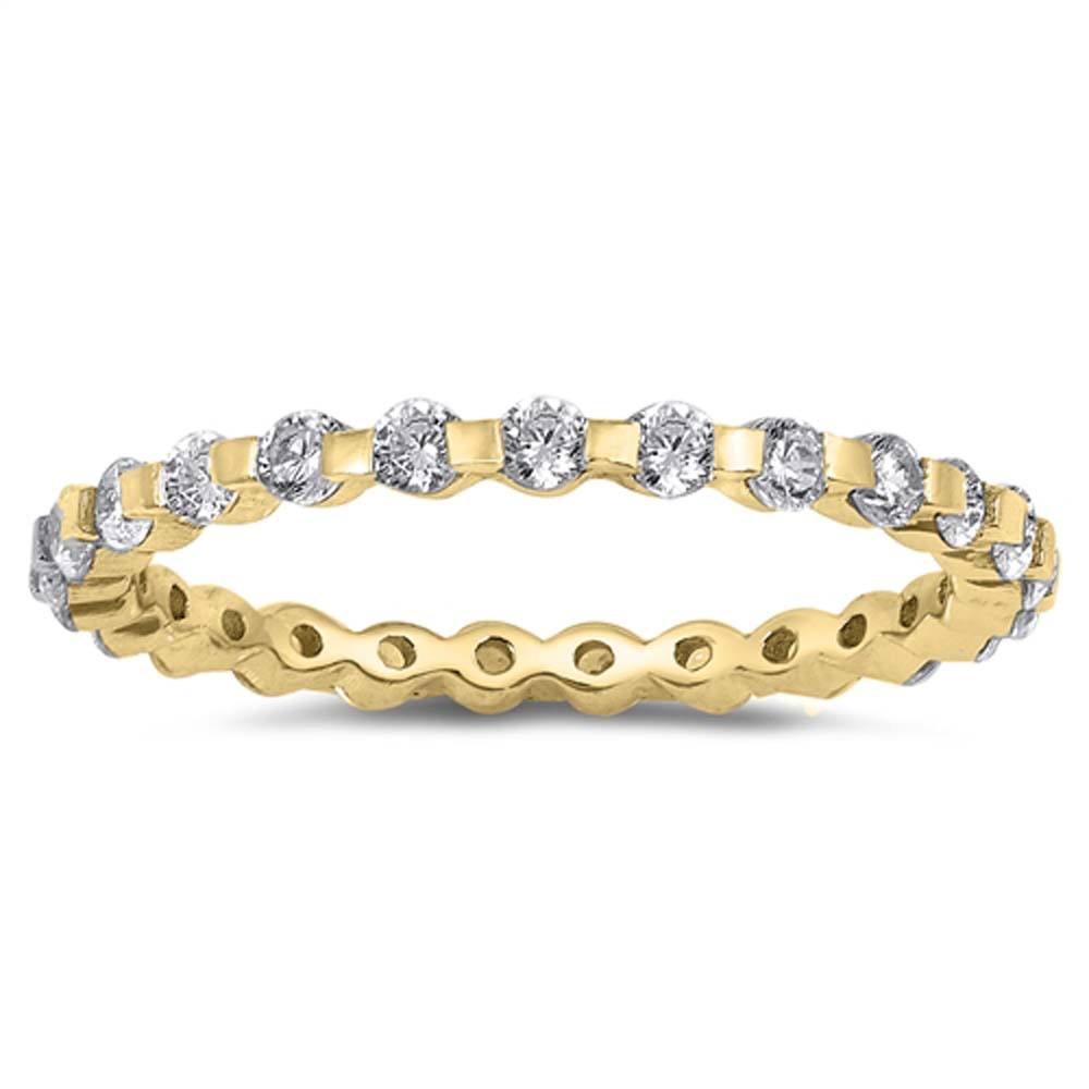 Sterling Silver Yellow Gold Plated Round Wedding Band Shaped Clear CZ Ring, Band Width 2mm