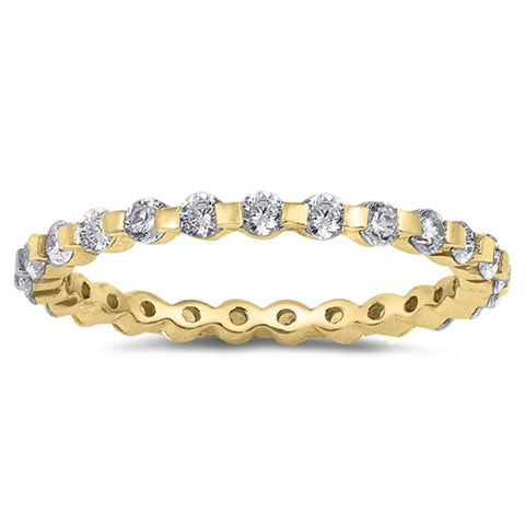 Sterling Silver Yellow Gold Plated Round Wedding Band Shaped Clear CZ RingAnd Band Width 2mm