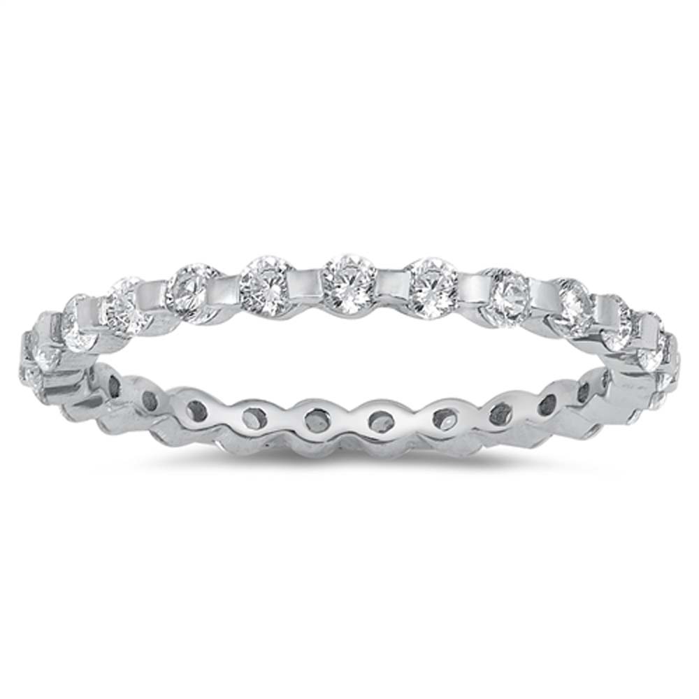 Sterling Silver Round Wedding Band Shaped Clear CZ Ring, Band Width 2mm
