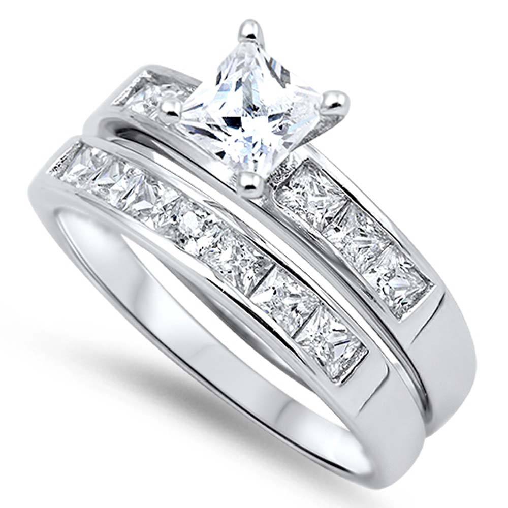 Sterling Silver Clear Princess Cut Solitaire CZ with Classy Princess Cut CZ on Channel Setting Side Views Bridal Set with Rhodium Finish