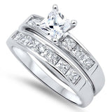 Sterling Silver Clear Princess Cut Solitaire Simulated Diamond with Classy Princess Cut Simulated Diamond on Channel Setting Side Views Bridal Set with Rhodium Finish