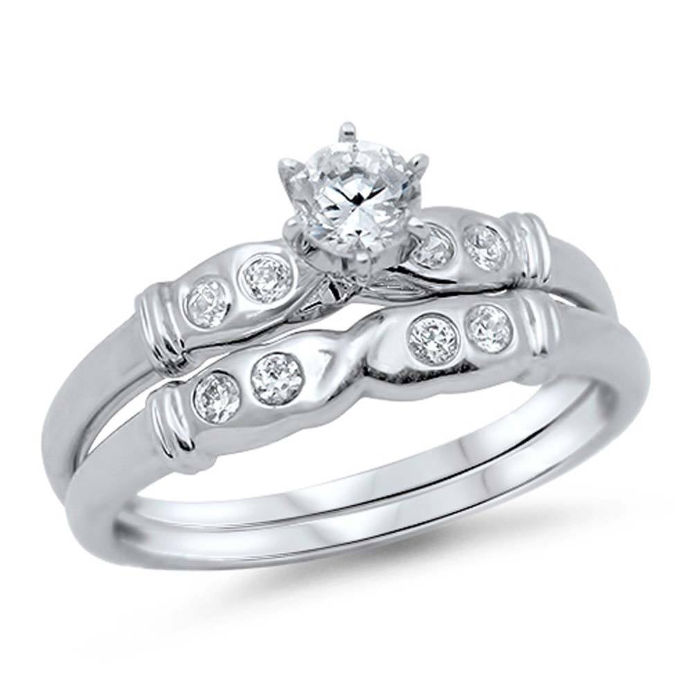 Sterling Silver Clear Round Solitaire CZ on 6 Prong Setting Fancy Bridal Set Band Inlaid with Round CZ, Face Height of 6MM