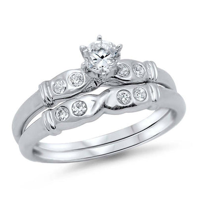 Sterling Silver Clear Round Solitaire Simulated Diamond on 6 Prong Setting Fancy Bridal Set Band Inlaid with Round Simulated DiamondAnd Face Height of 6MM