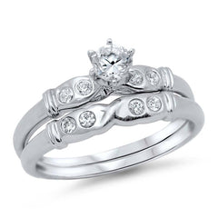 Sterling Silver Clear Round Solitaire CZ on 6 Prong Setting Fancy Bridal Set Band Inlaid with Round CZ, Face Height of 6MM