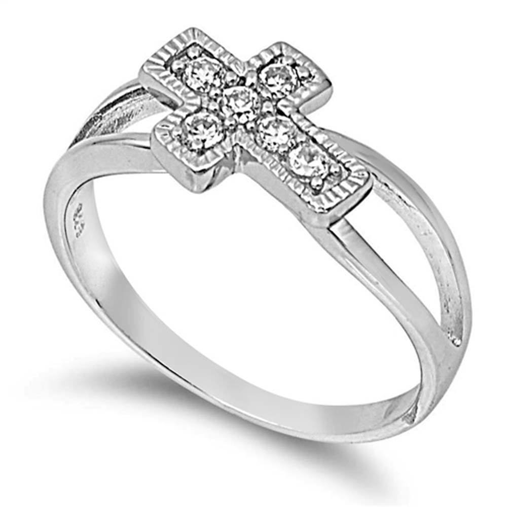 Sterling Silver Sideway Cross Shaped Clear CZ RingAnd Face Height 9mm