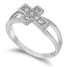 Load image into Gallery viewer, Sterling Silver Sideway Cross Shaped Clear CZ RingAnd Face Height 9mm