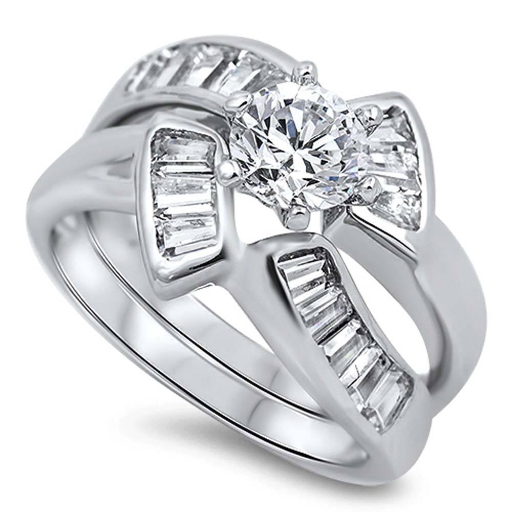 Sterling Silver Fancy Bridal Set Band with Straight Baguette CZ Inlaid and Centered Clear Round Solitaire Simulated Diamond on 6 Prong SettingAnd Face Height of 13MM