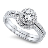 Sterling Silver Clear Round Simulated DiamondAnd Classy Halo Pave Setting Bridal Set with Rhodium Finish