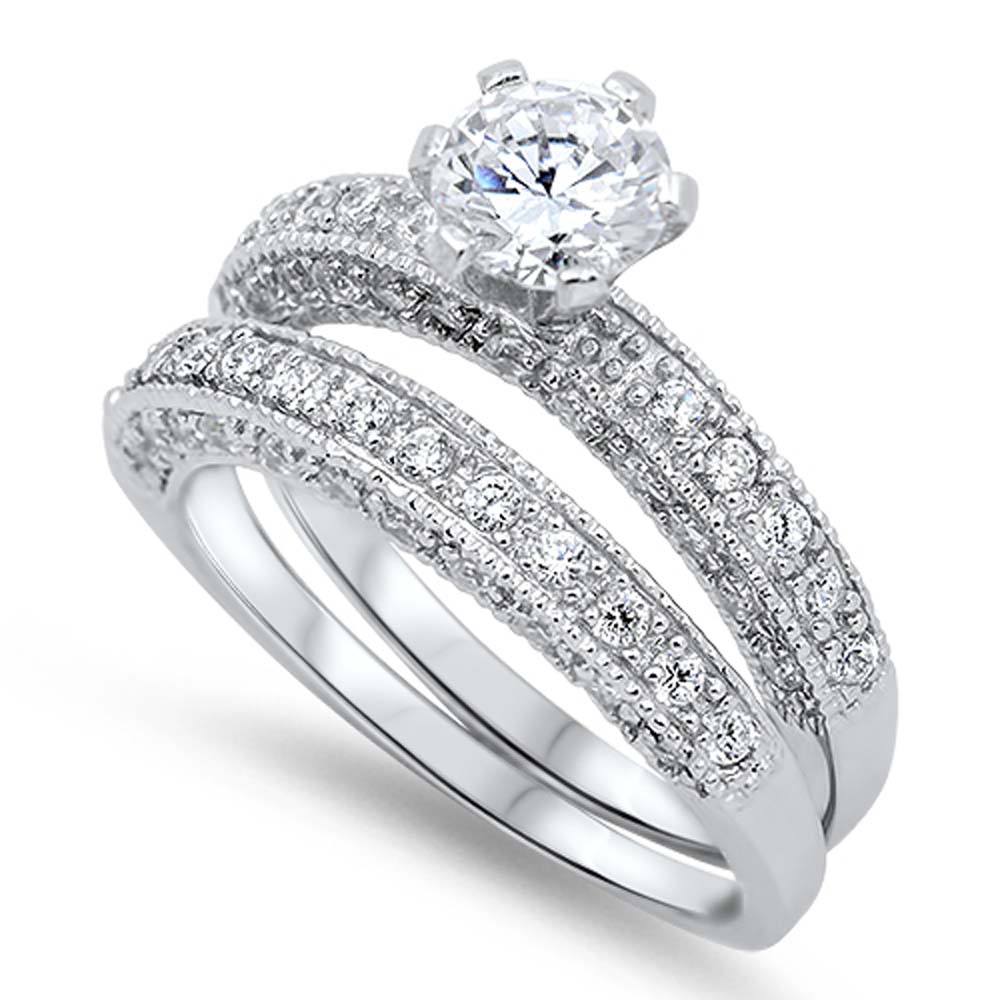Sterling Silver Elegant Bridal Set Band with Micro Pave CZ and Centered Clear Solitaire Round CZ on 6 Prong Setting, Face Height of 7MM