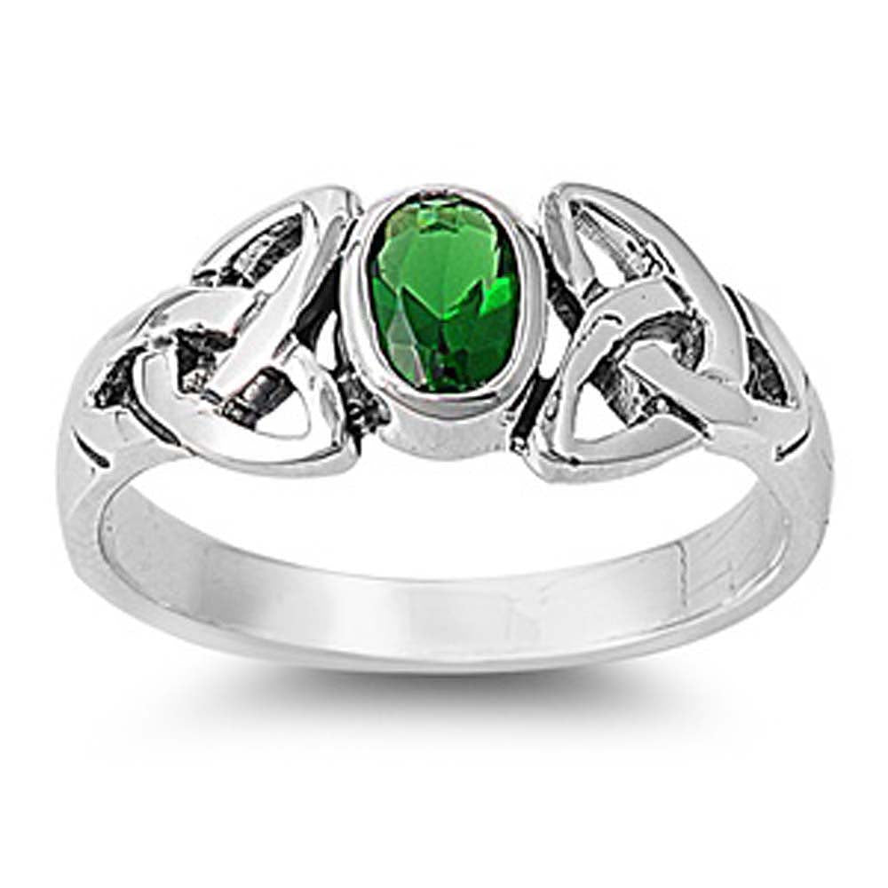 Sterling Silver Celtic Design Emerald Color Oval CZ RingAnd Face Height 8mm