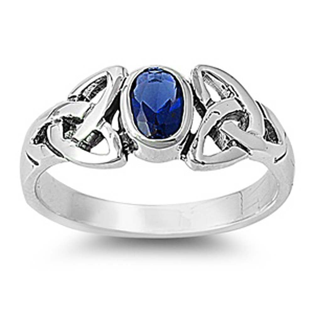 Sterling Silver Celtic Design Blue Sapphire Color Oval CZ RingAnd Face Height 8mm