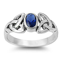 Load image into Gallery viewer, Sterling Silver Celtic Design Blue Sapphire Color Oval CZ RingAnd Face Height 8mm