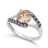 Sterling Silver Round Champagne With Amethyst CZ RingAnd Face Height 11mmAnd Band Width 2mm