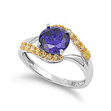 Sterling Silver Round Amethyst With Yellow CZ RingAnd Face Height 11mmAnd Band Width 2mm