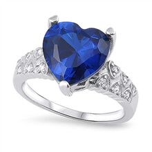 Load image into Gallery viewer, Sterling Silver Synthetic Blue Sapphire Heart With Clear CZ RingAnd Face Height 12mmAnd Band Width 3mm