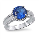 Sterling Silver Blue Sapphire Round Shaped Clear CZ RingAnd Face Height 11mmAnd Band Width 3mm