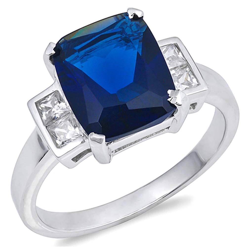 Sterling Silver Three Stone Blue Sapphire Rectangle With Clear CZ RingAnd Face Height 11mmAnd Band Width 3mm