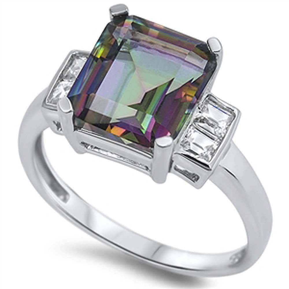 Sterling Silver Princess Cut Rainbow Topaz CZ On Prong Setting with Fancy Side ViewsAnd Face Height 11MM