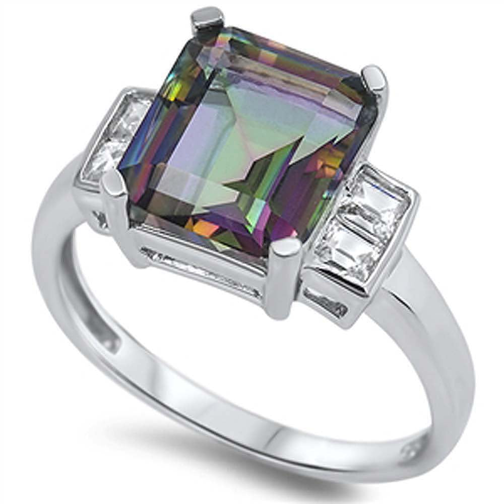 Sterling Silver Princess Cut Rainbow Topaz Simulated Diamond On Prong Setting with Fancy Side ViewsAnd Face Height 11MM