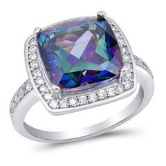 Sterling Silver Rainbow Topaz Square Shaped Clear CZ RingAnd Face Height 15mmAnd Band Width 3mm