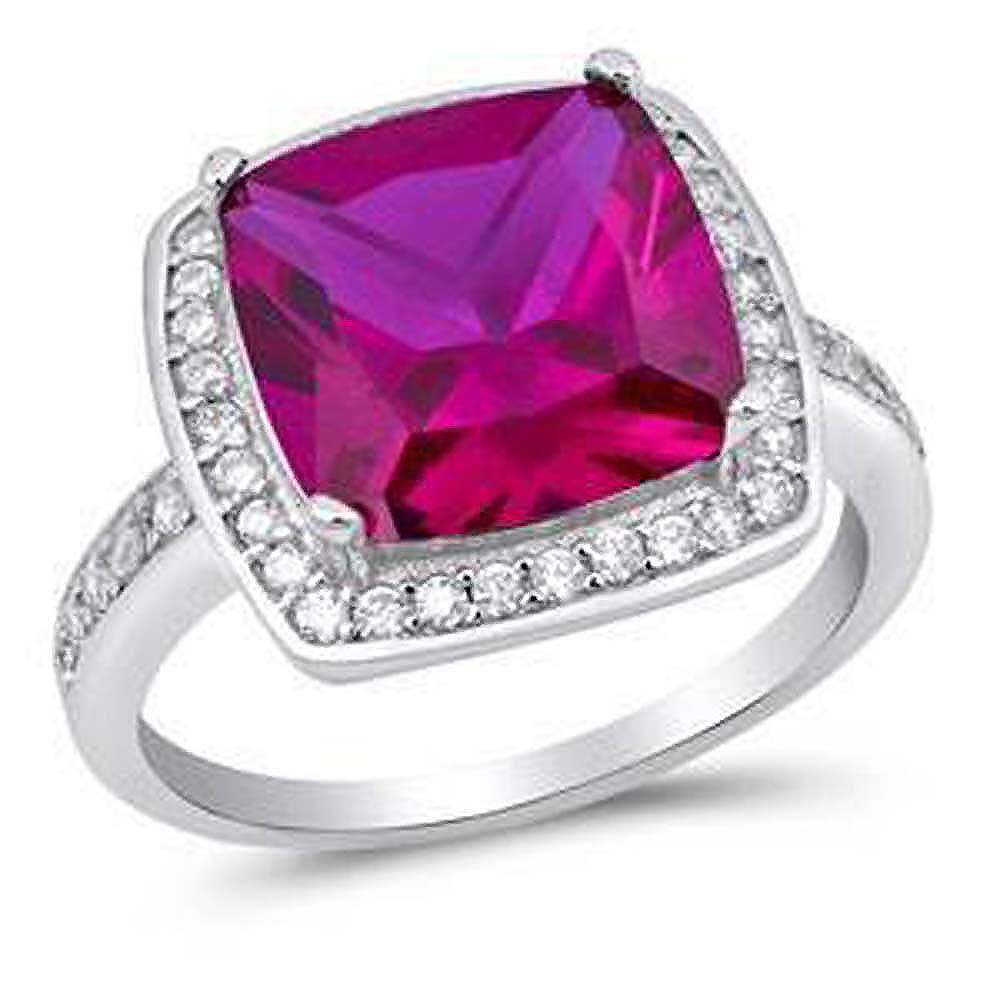 Sterling Silver Ruby Square With Clear CZ RingAnd Face Height 14mmAnd Band Width 3mm