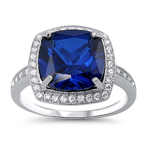Sterling Silver Blue Sapphire Square With Clear CZ RingAnd Face Height 14mmAnd Band Width 3mm
