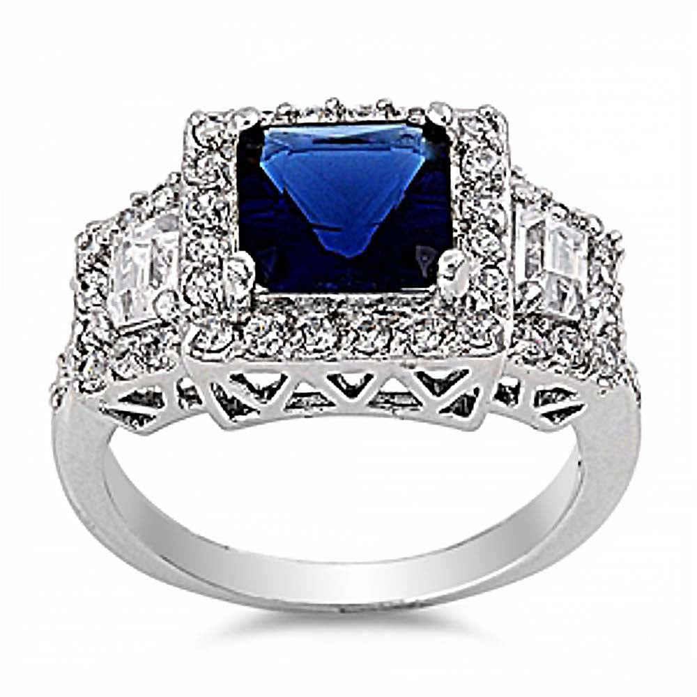 Sterling Silver Square With Blue Spinel And Cubic Zirconia Ring