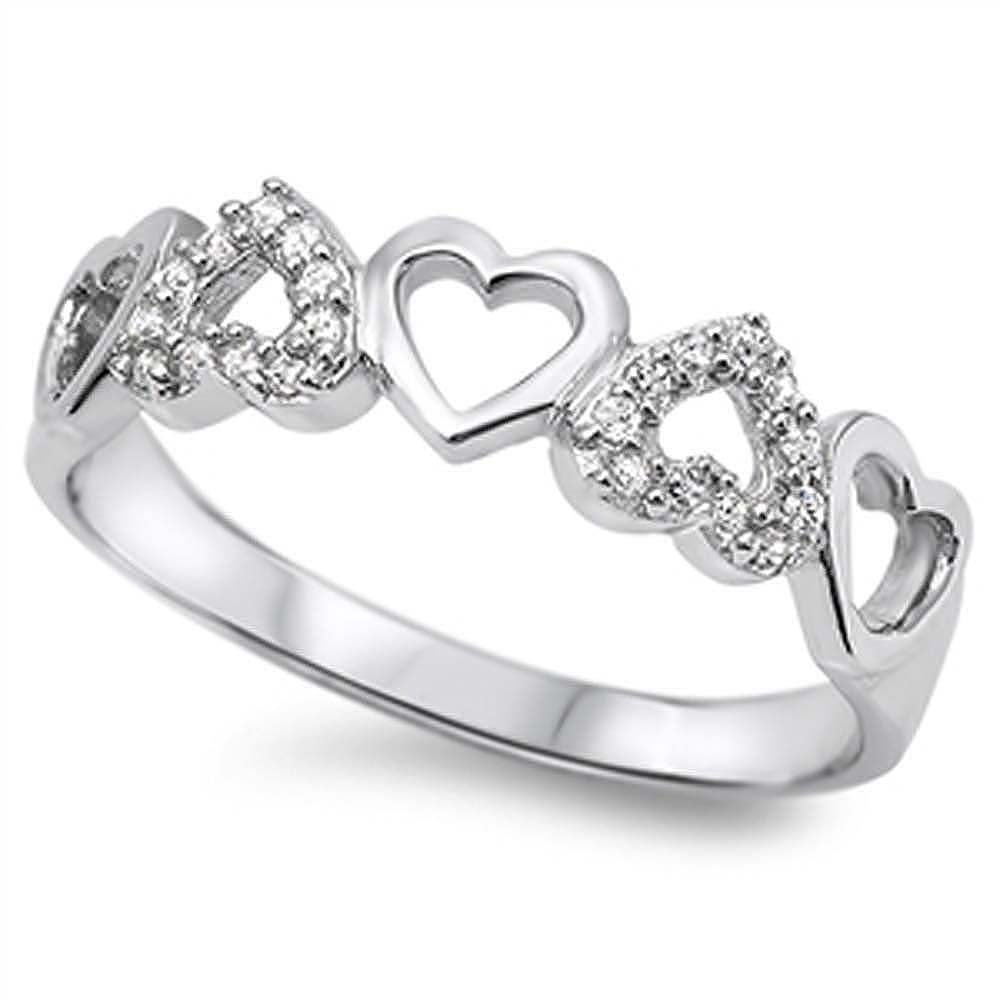 Sterling Silver Interchanged Hearts Shaped Clear CZ RingAnd Face Height 5mm