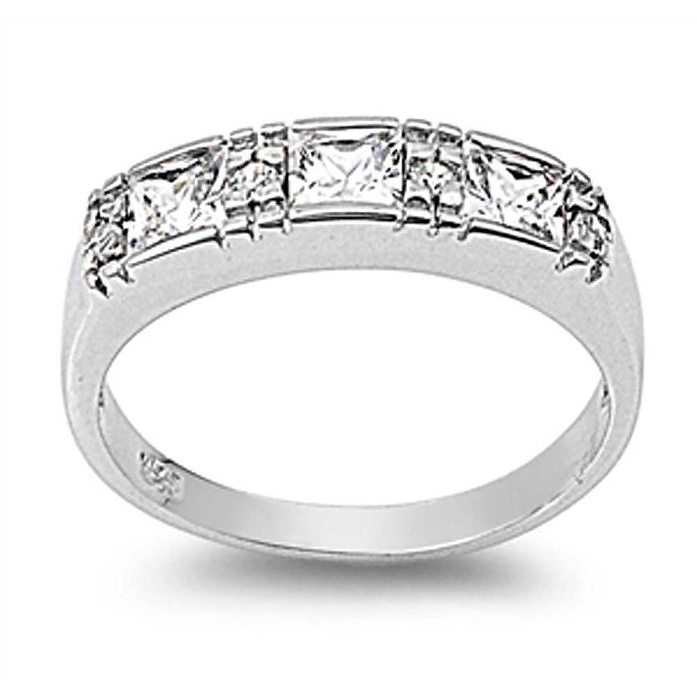 Sterling Silver Vintage Style Channel Set with Princess and Round Cut Czs Ring with Face Height of 5MM