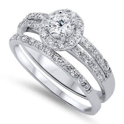 Sterling Silver Clear Round Solitaire Diamond with Halo Pave Setting Classy Bridal Set Band Inlaid with Simulated DiamondAnd Face Height of 9MM