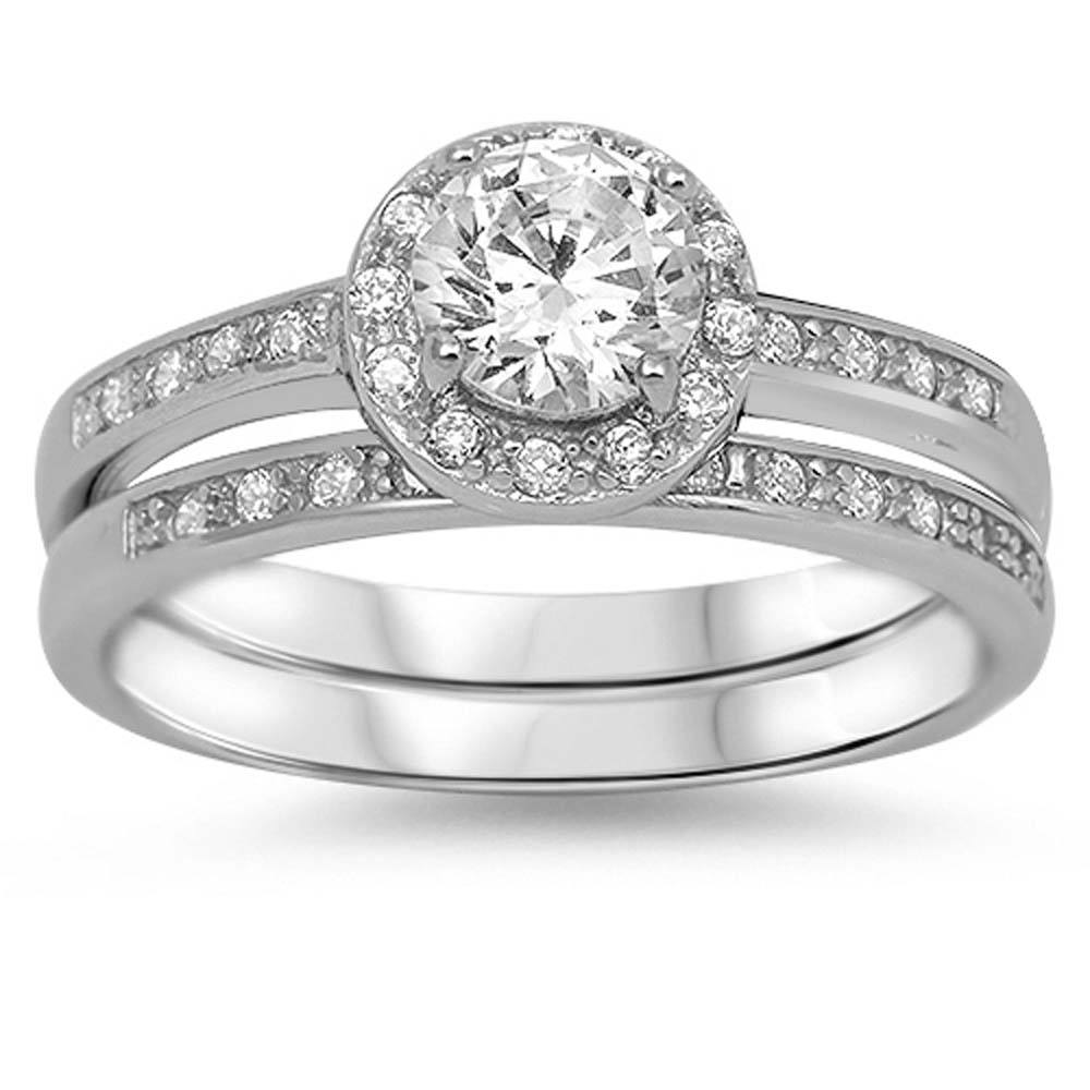 Sterling Silver Clear Round CZ And Classy Halo Style Channel Setting Bridal Set with Rhodium Finish