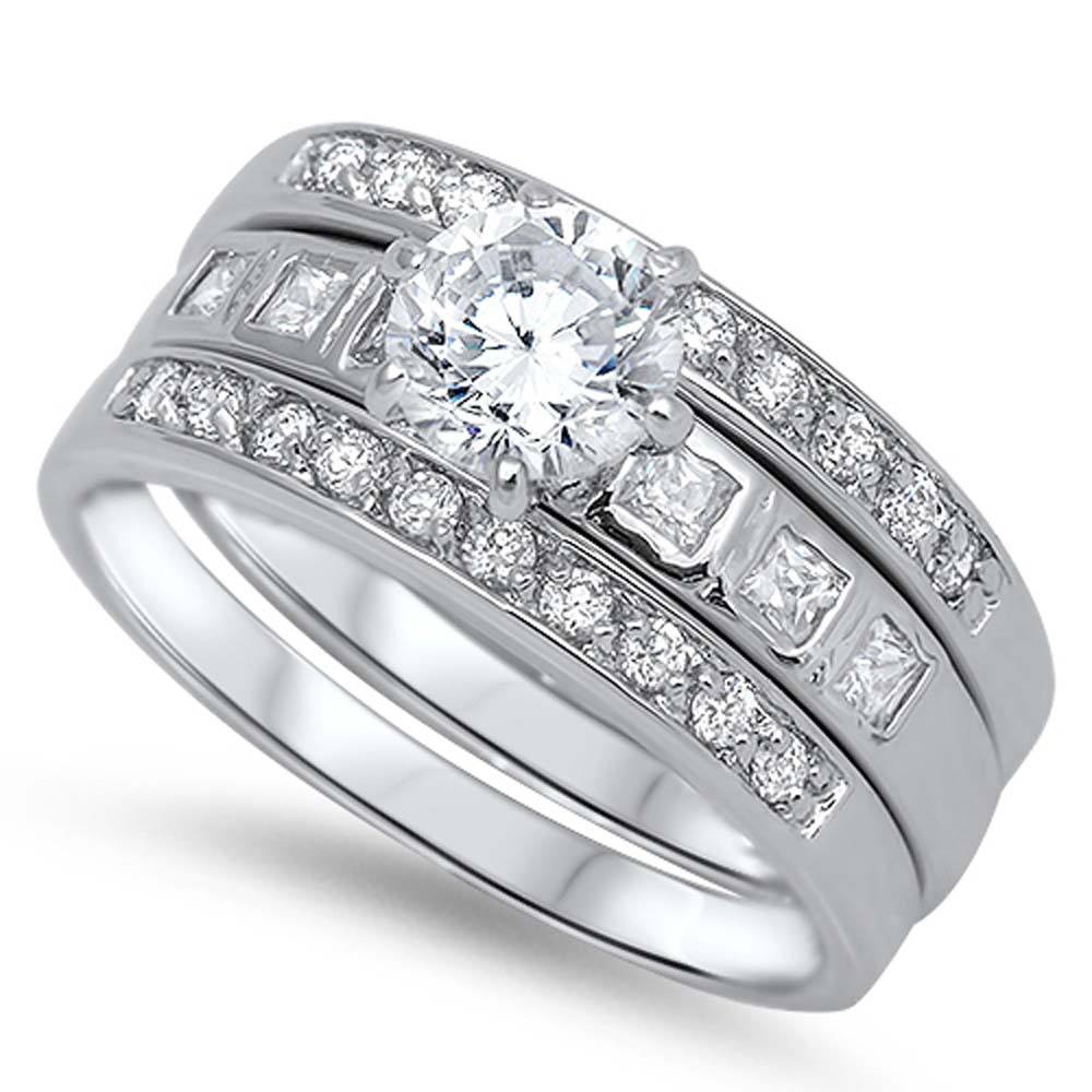 Sterling Silver Bridal Set Band with Princess Cut and Round CZ Inlaid and Centered Clear Round Solitaire CZ on 6 Prong Setting, Face Height of 9MM