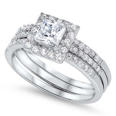 Sterling Silver Classy 3 PC Bridal Set Band Inlaid with Pave Simulated Diamond and Centered Clear Princess Cut Solitaire Simulated Diamond with Halo Pave SettingAnd Face Height of 9MM