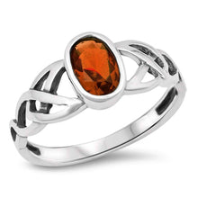 Load image into Gallery viewer, Sterling Silver Celtic Design Garnet Color Oval CZ RingAnd Face Height 8mm